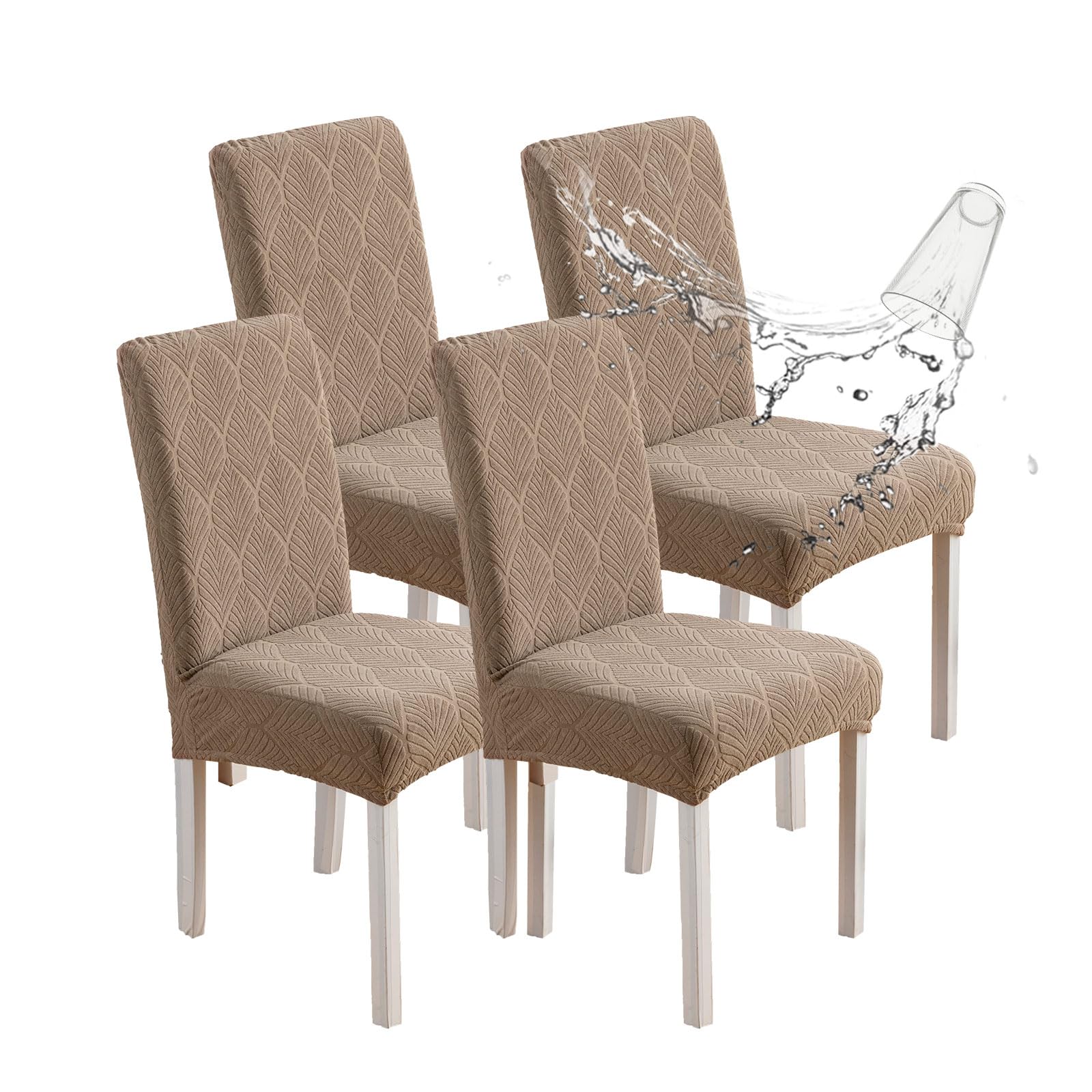 Chair Covers for Dining Chairs,100% Waterproof Dining Chair Covers Set of 4,Removable Stretch Parsons Slip,Washable Seat Protector for Kitchen Beige