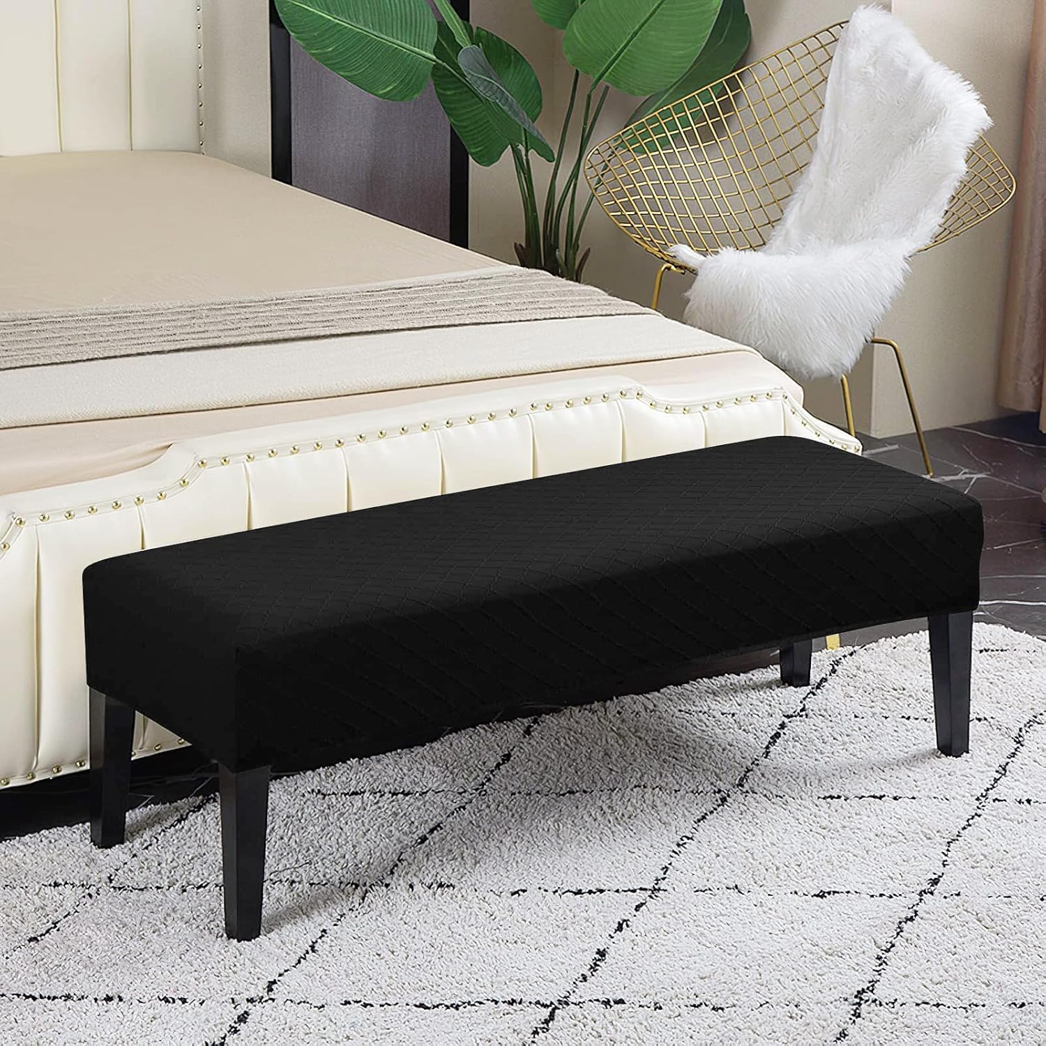 Lebaley Waterproof Stretch Bench Cover – Quilted Pattern, Elastic Rectangular Bench Seat Cover, Washable Bench Slipcover for Dining Room, Entryway & Kitchen (Black)