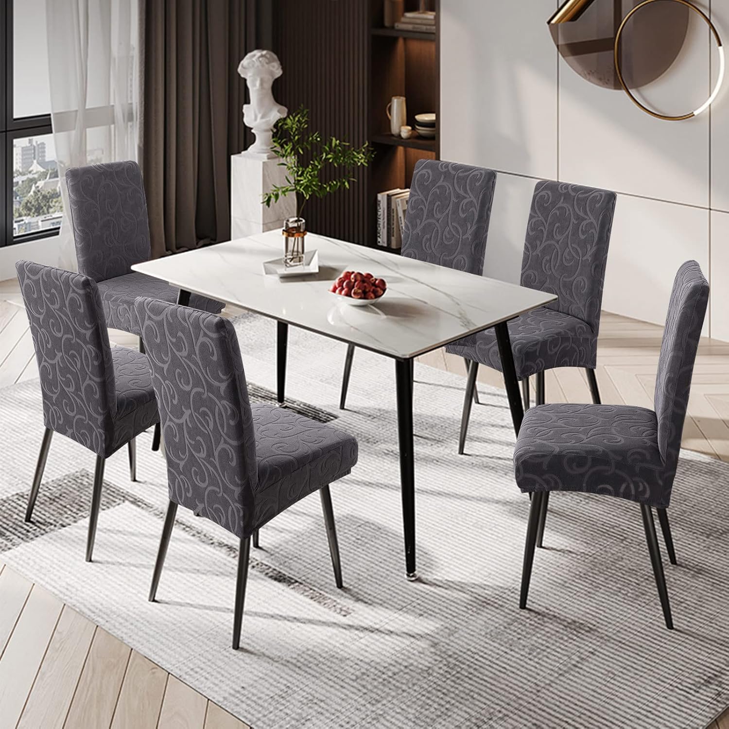 Genina Waterproof Dining Room Chair Covers Stretch Parsons Chair Slipcovers for Dining Room Kitchen Chair Protector Cover, Removable, Washable (4, Flower Pattern-Dark Gray)