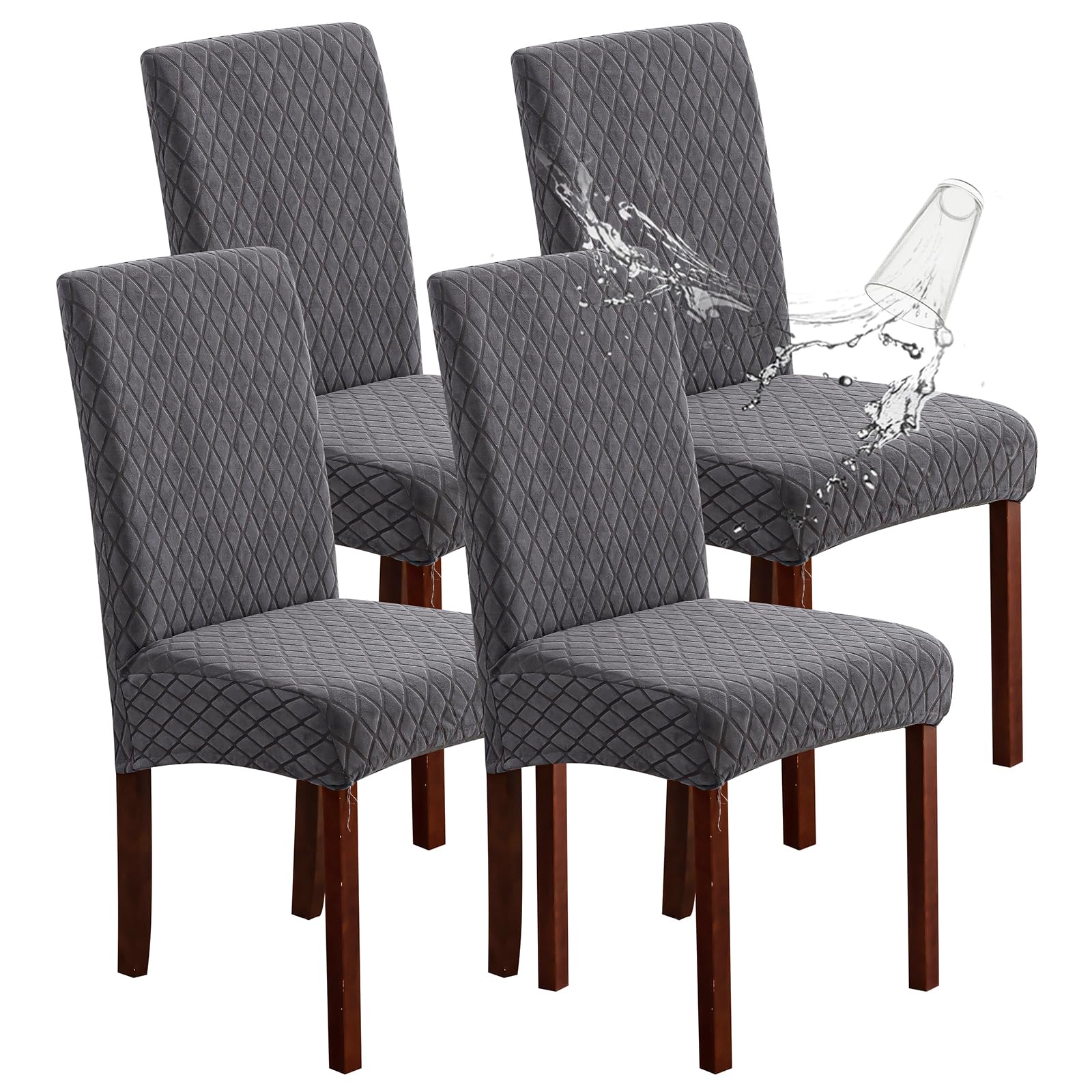 Genina 100% Waterproof Chair Covers for Dining Room Set of 4, Stretch Parson Chair Slipcovers for Kitchen Chairs, Washable Chair Protectors, Leaves-Warm Gray
