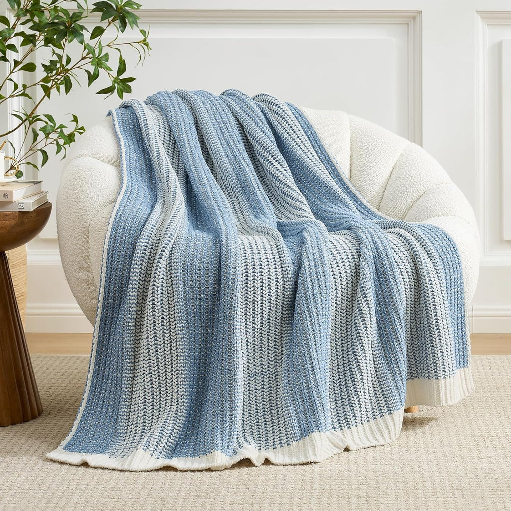 Amélie Home Premium Chenille Throw Blanket, Soft Cozy Luxury Two-Tone Knit Blanket for Couch, Sofa, Chair, Home Decor, Blue & Ivory 50"x60"
