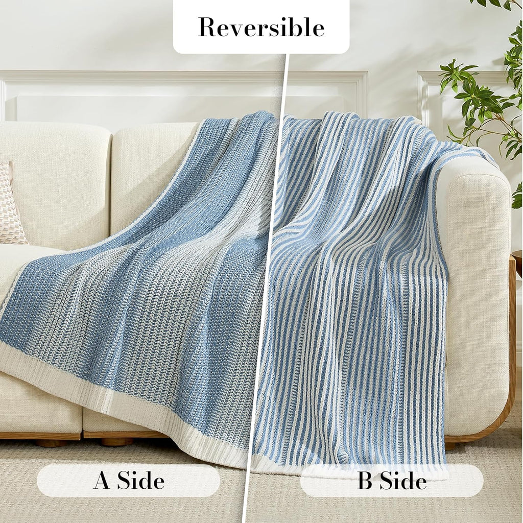 Amélie Home Premium Chenille Throw Blanket, Soft Cozy Luxury Two-Tone Knit Blanket for Couch, Sofa, Chair, Home Decor, Blue & Ivory 50"x60"