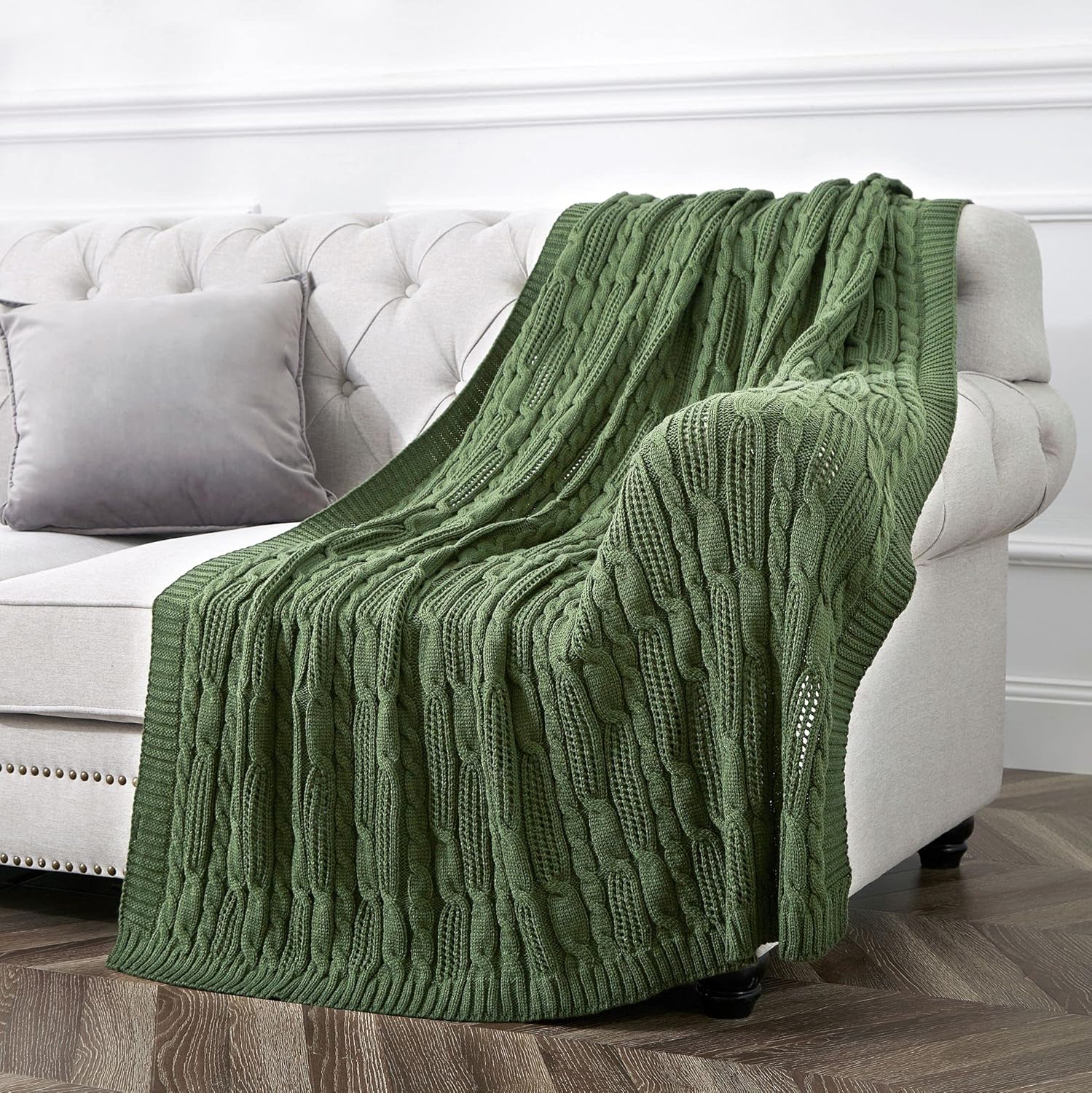 Aormenzy Cable Knit Throw Blankets 50 x 60 Inches, Soft Cozy and Lightweight Knitted Blanket, Machine Washable Acrylic Blanket, Decorative Throw Blanket for Couch Sofa Bed, Forest Green